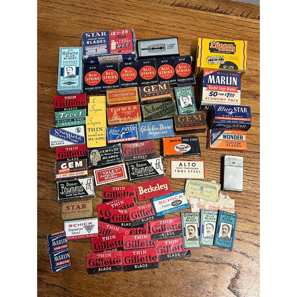 Vintage Shaving Blade Lot NEW NOS Packages Packets Gillette Marlin Gem Blu Strike