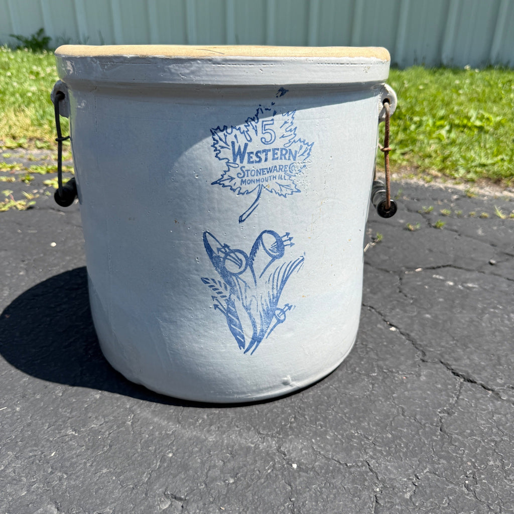 Vintage 5 Gallon Western Stoneware Lily Crock W/ Bail Handles