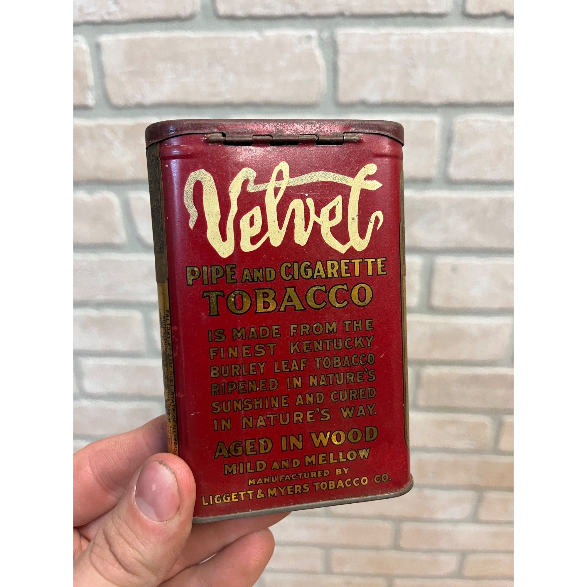 Vintage Early Velvet Tobacco Tin Empty Vertical Pocket Pipe Mixture Can