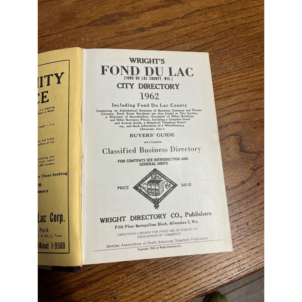 Vintage 1962 Fond du Lac Wisconsin Buisness Directory Hardcover Book Ads Wis WI