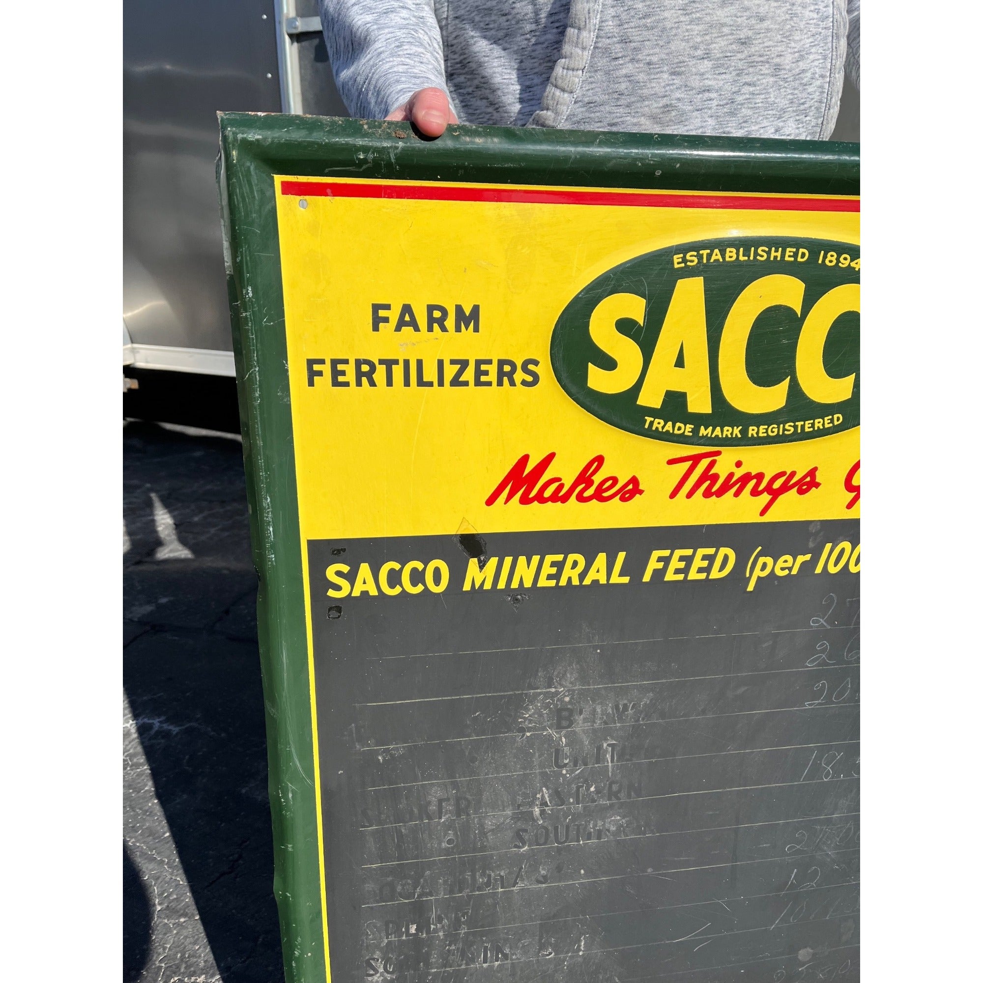 Vintage Sacco Farm Fertilizer Fees Advertising Sign Chalkboard