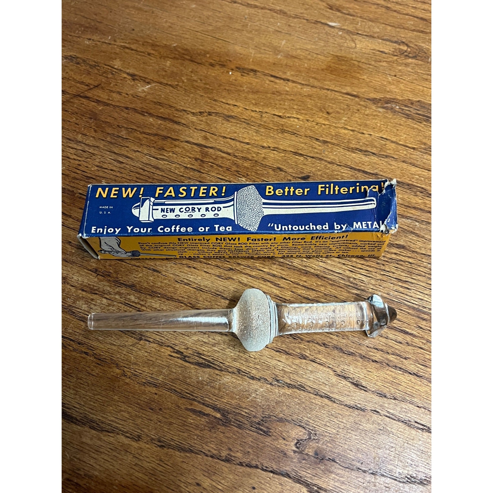 Vintage New Cory Rod Glass Filter Coffee Tea Tool with Original Box NOS