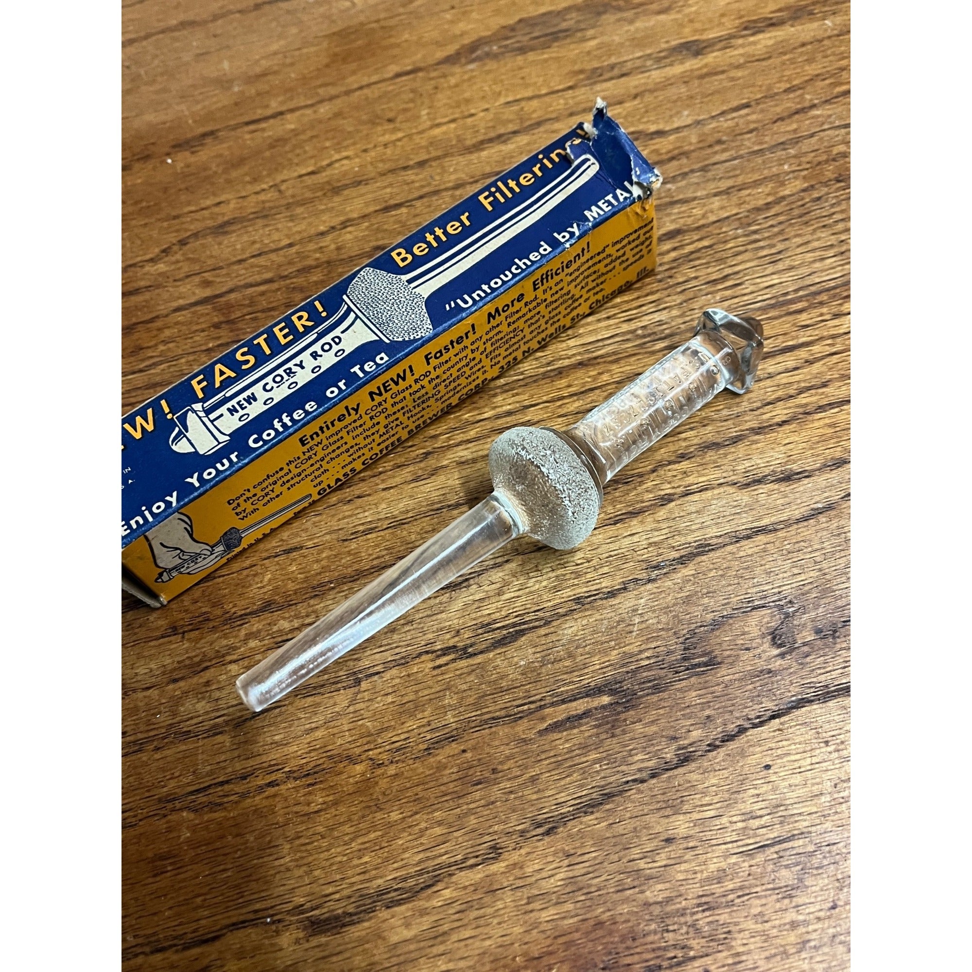 Vintage New Cory Rod Glass Filter Coffee Tea Tool with Original Box NOS