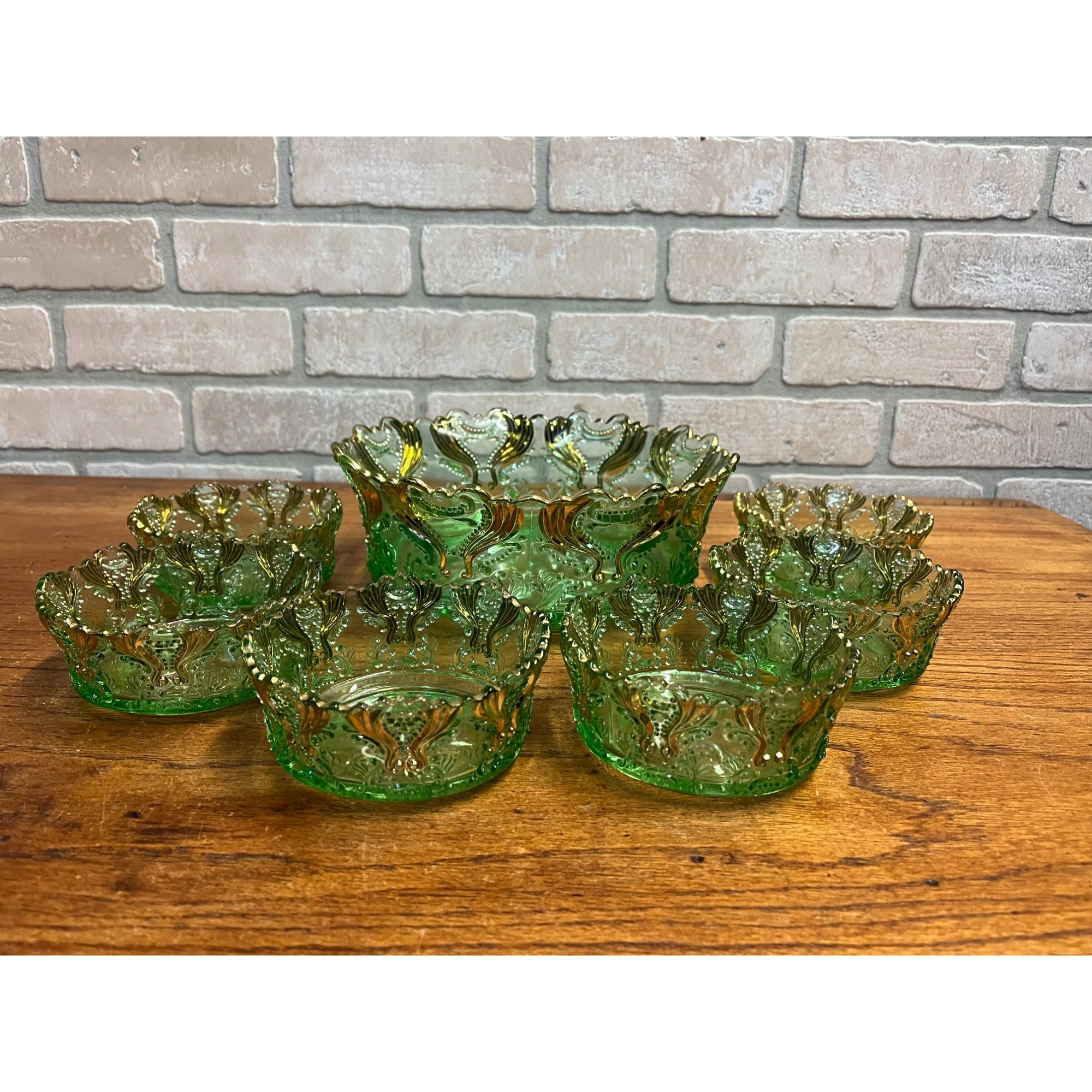 Antique EAPG Jefferson Glass Green & Gold Idyll Berry Bowl Set 7 Pcs