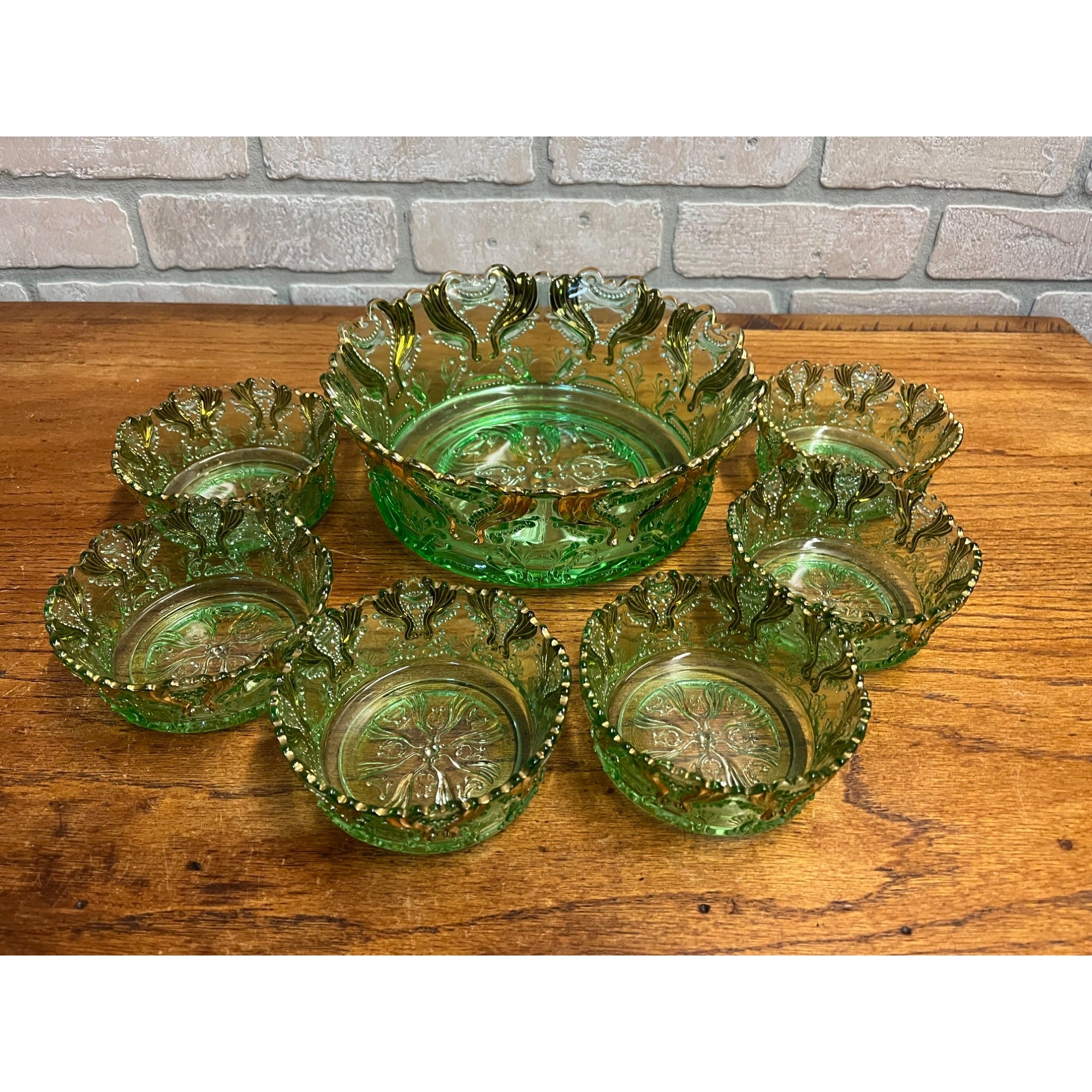 Antique EAPG Jefferson Glass Green & Gold Idyll Berry Bowl Set 7 Pcs