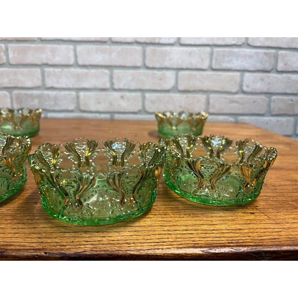 Antique EAPG Jefferson Glass Green & Gold Idyll Berry Bowl Set 7 Pcs
