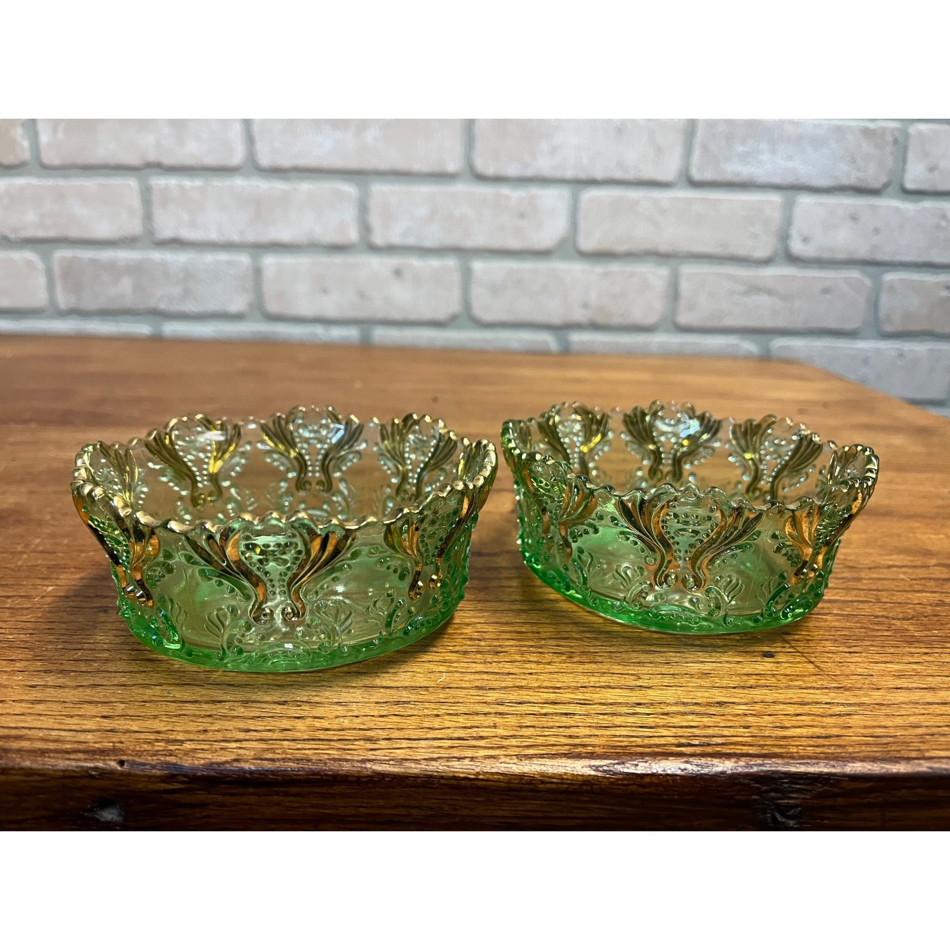 Antique EAPG Jefferson Glass Green & Gold Idyll Berry Bowl Set 7 Pcs