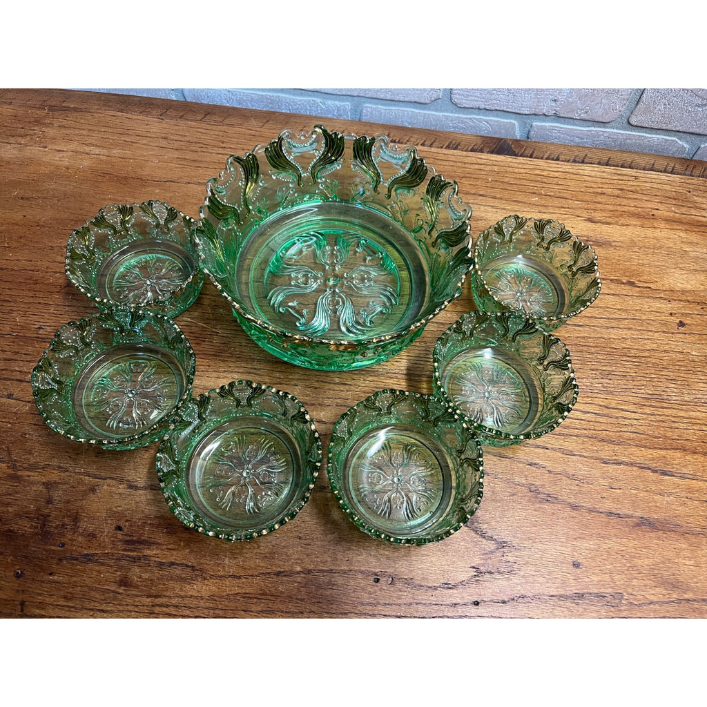 Antique EAPG Jefferson Glass Green & Gold Idyll Berry Bowl Set 7 Pcs