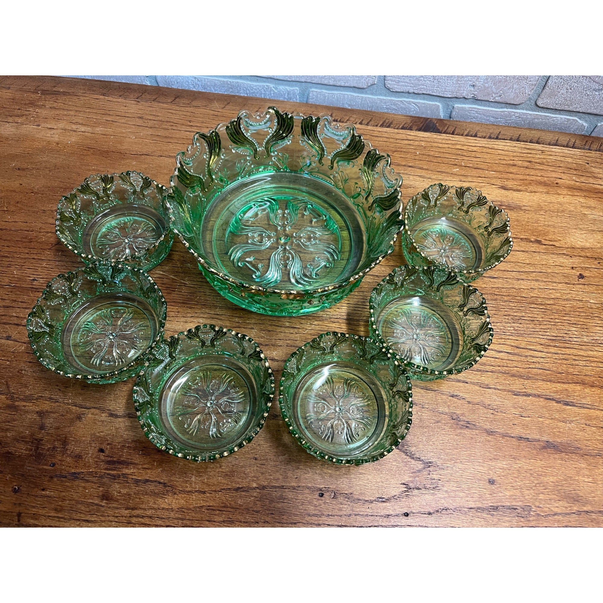 Antique EAPG Jefferson Glass Green & Gold Idyll Berry Bowl Set 7 Pcs