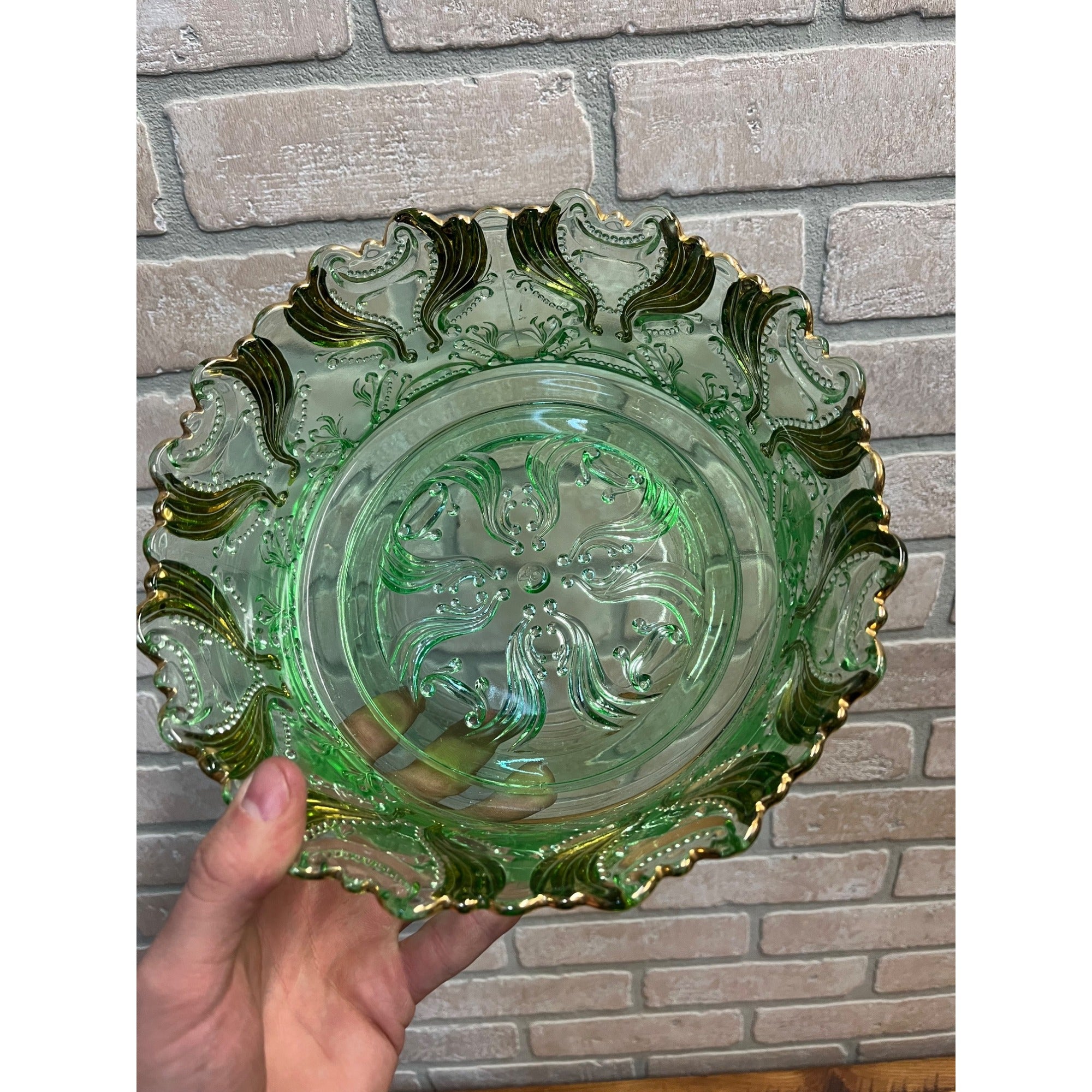 Antique EAPG Jefferson Glass Green & Gold Idyll Berry Bowl Set 7 Pcs