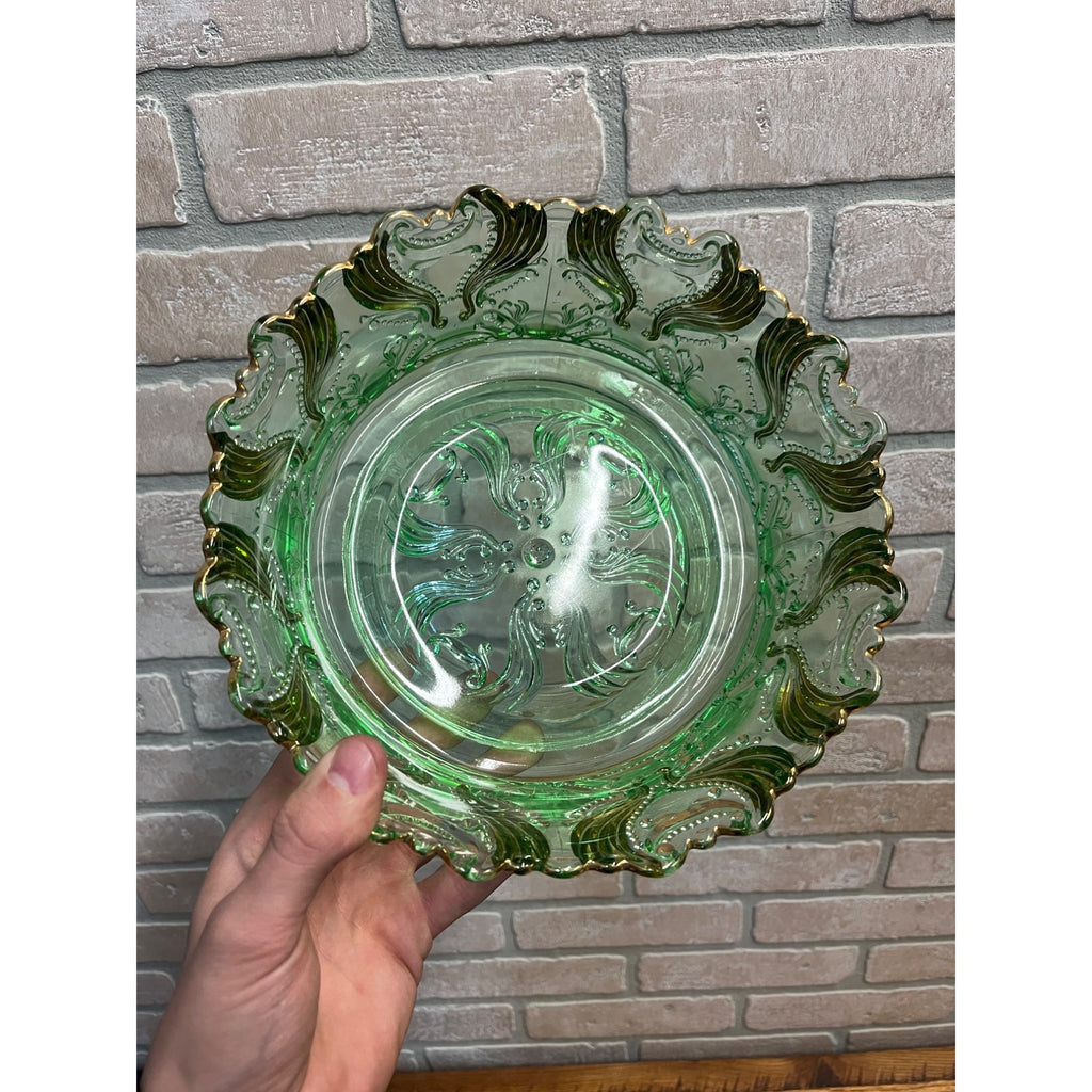 Antique EAPG Jefferson Glass Green & Gold Idyll Berry Bowl Set 7 Pcs