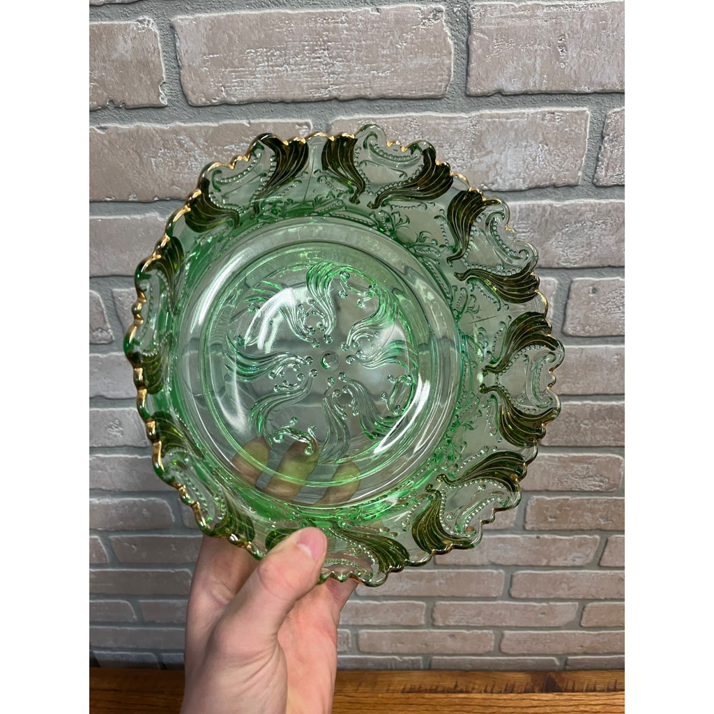 Antique EAPG Jefferson Glass Green & Gold Idyll Berry Bowl Set 7 Pcs