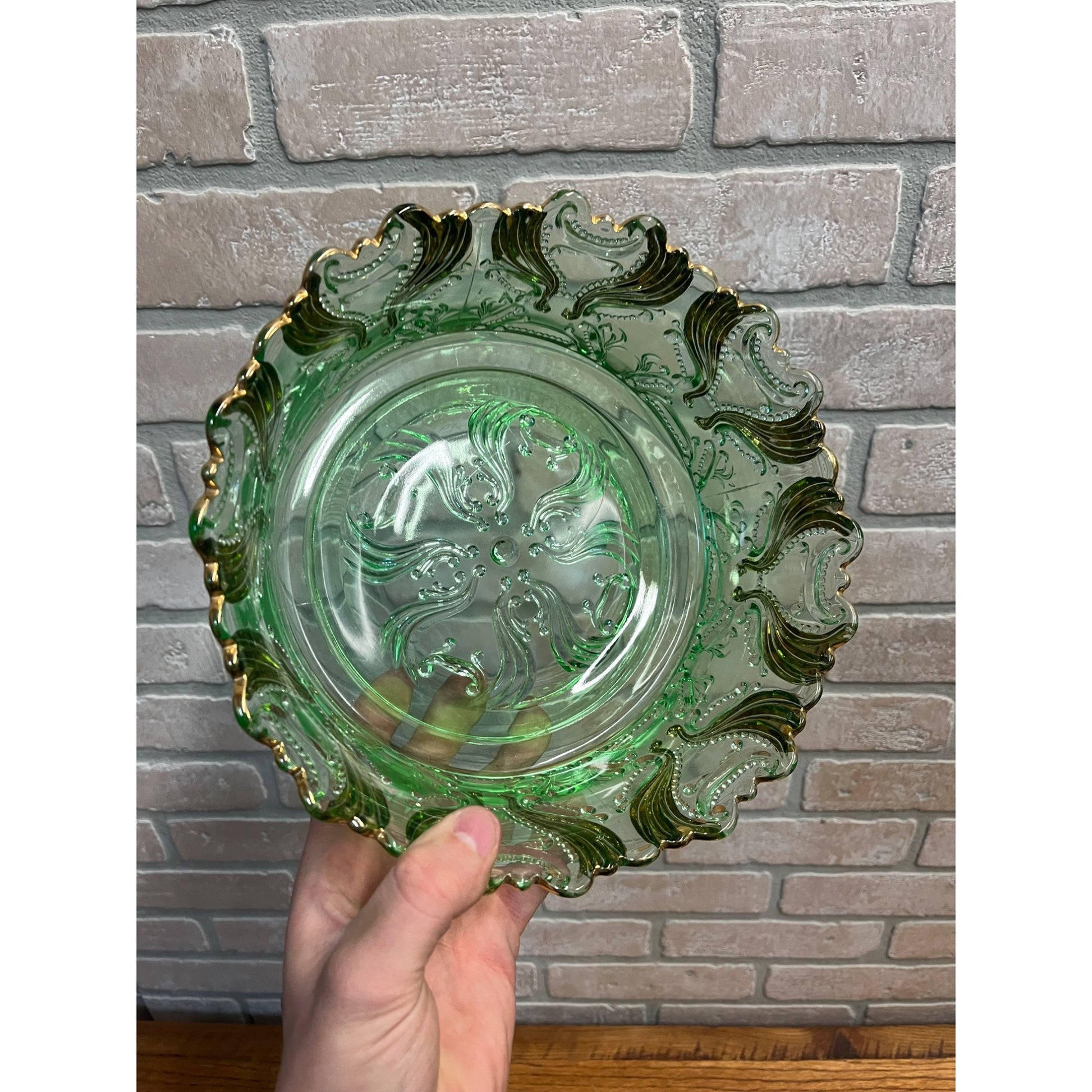 Antique EAPG Jefferson Glass Green & Gold Idyll Berry Bowl Set 7 Pcs