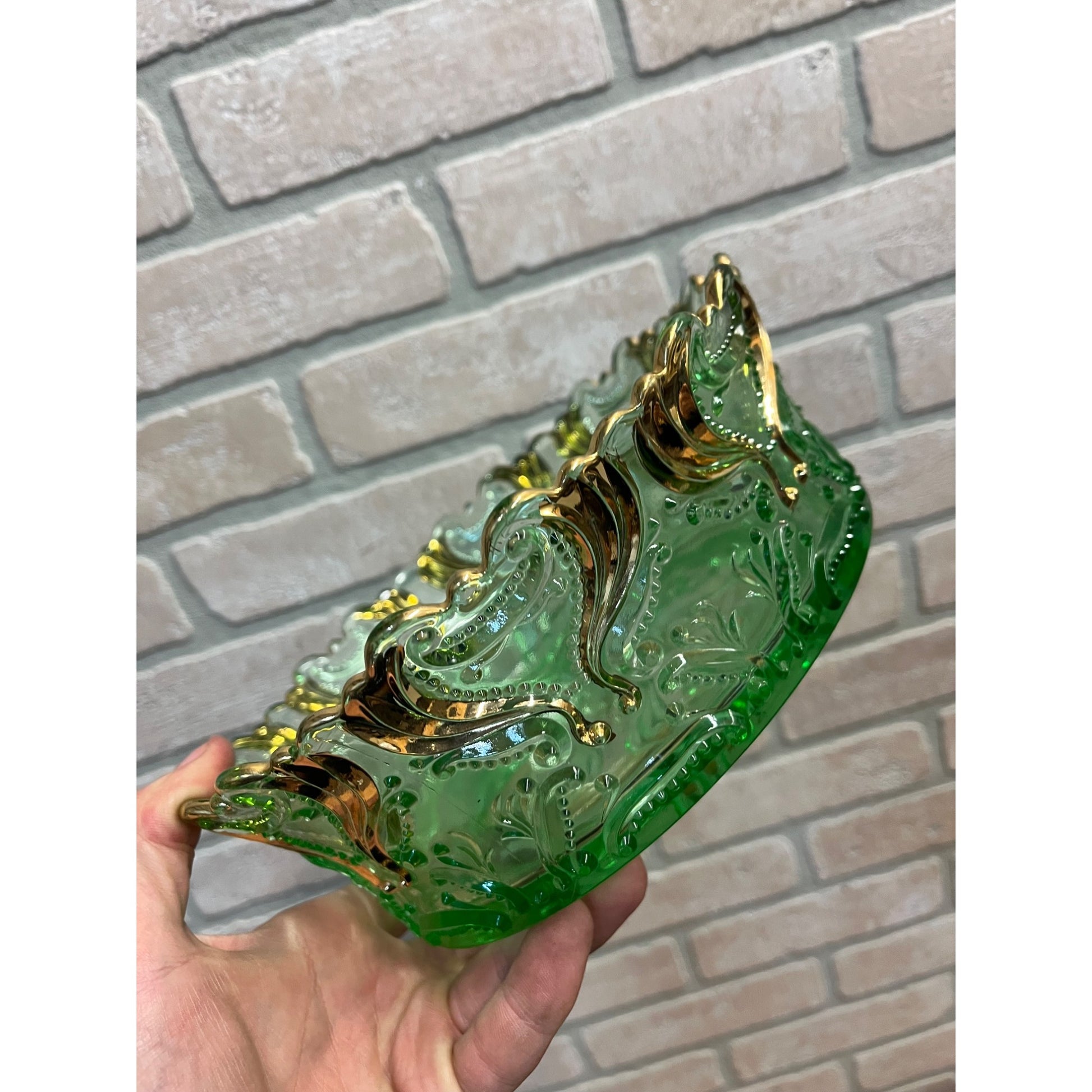 Antique EAPG Jefferson Glass Green & Gold Idyll Berry Bowl Set 7 Pcs