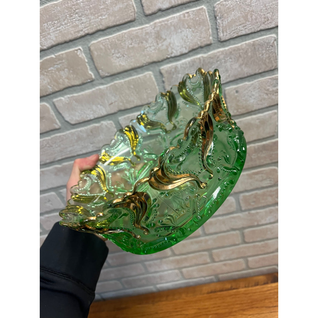 Antique EAPG Jefferson Glass Green & Gold Idyll Berry Bowl Set 7 Pcs