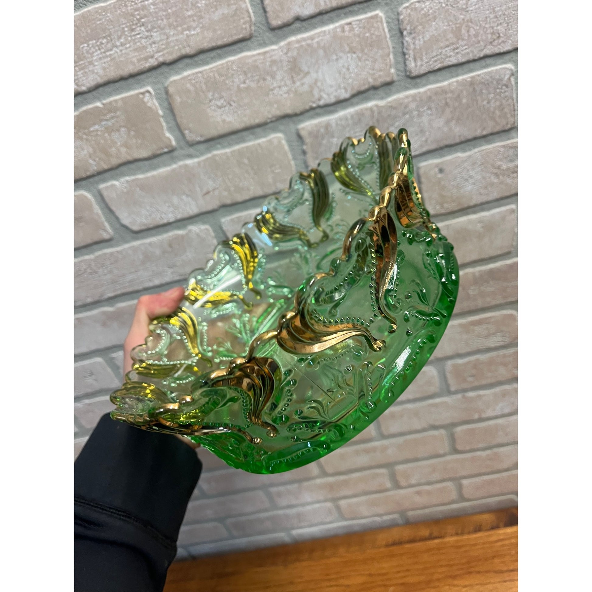 Antique EAPG Jefferson Glass Green & Gold Idyll Berry Bowl Set 7 Pcs