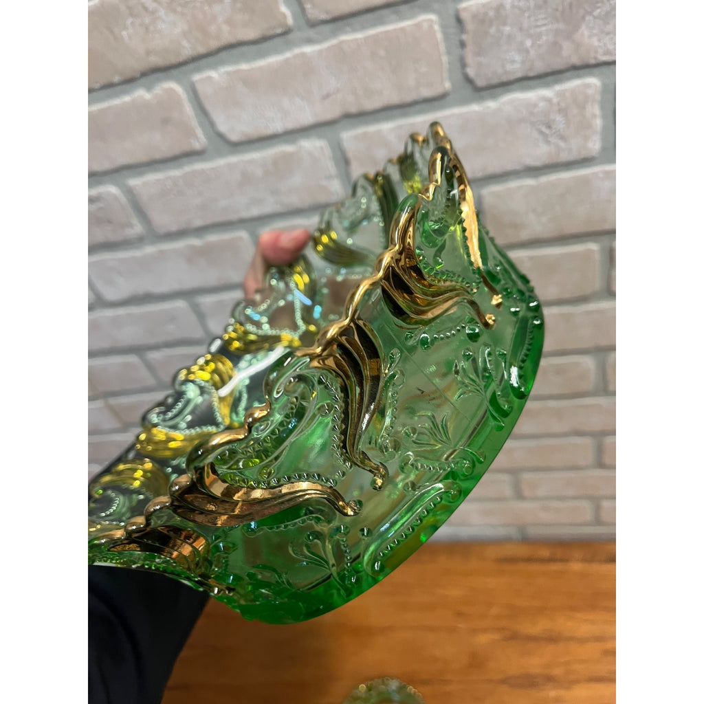 Antique EAPG Jefferson Glass Green & Gold Idyll Berry Bowl Set 7 Pcs