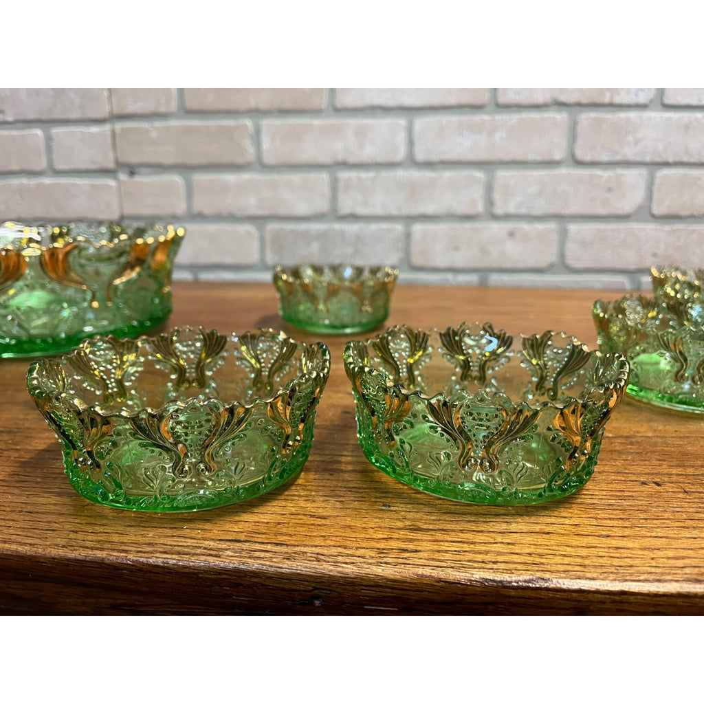 Antique EAPG Jefferson Glass Green & Gold Idyll Berry Bowl Set 7 Pcs