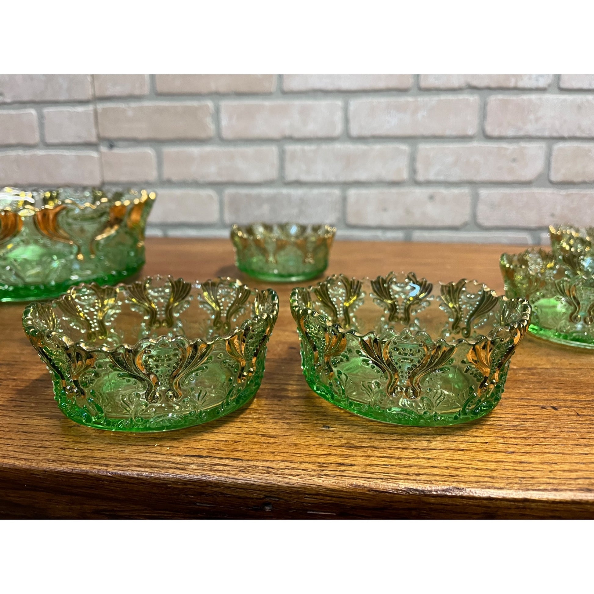 Antique EAPG Jefferson Glass Green & Gold Idyll Berry Bowl Set 7 Pcs