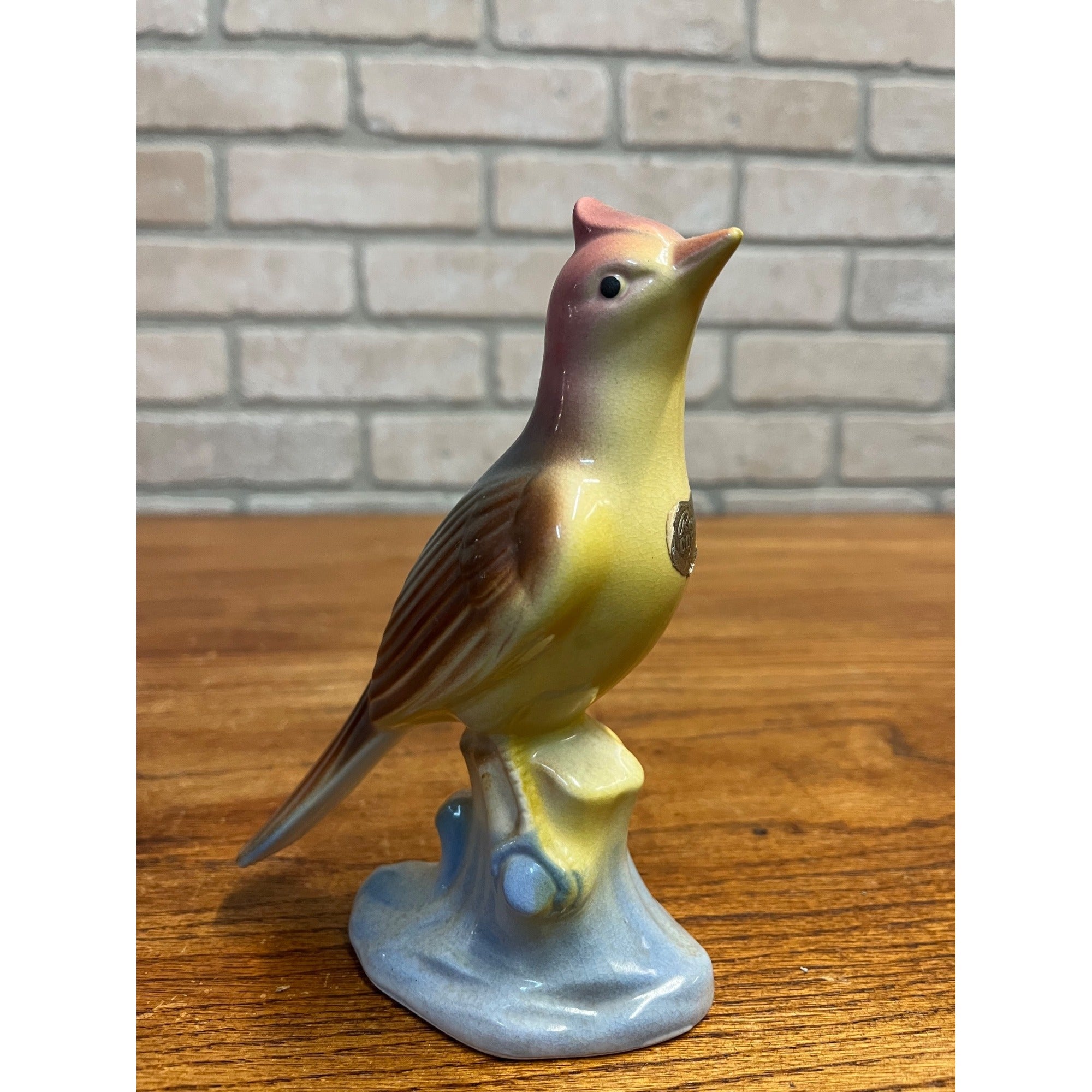 Vintage MCM Royal Copley Yellow Skylark On Tree Stump Figurine