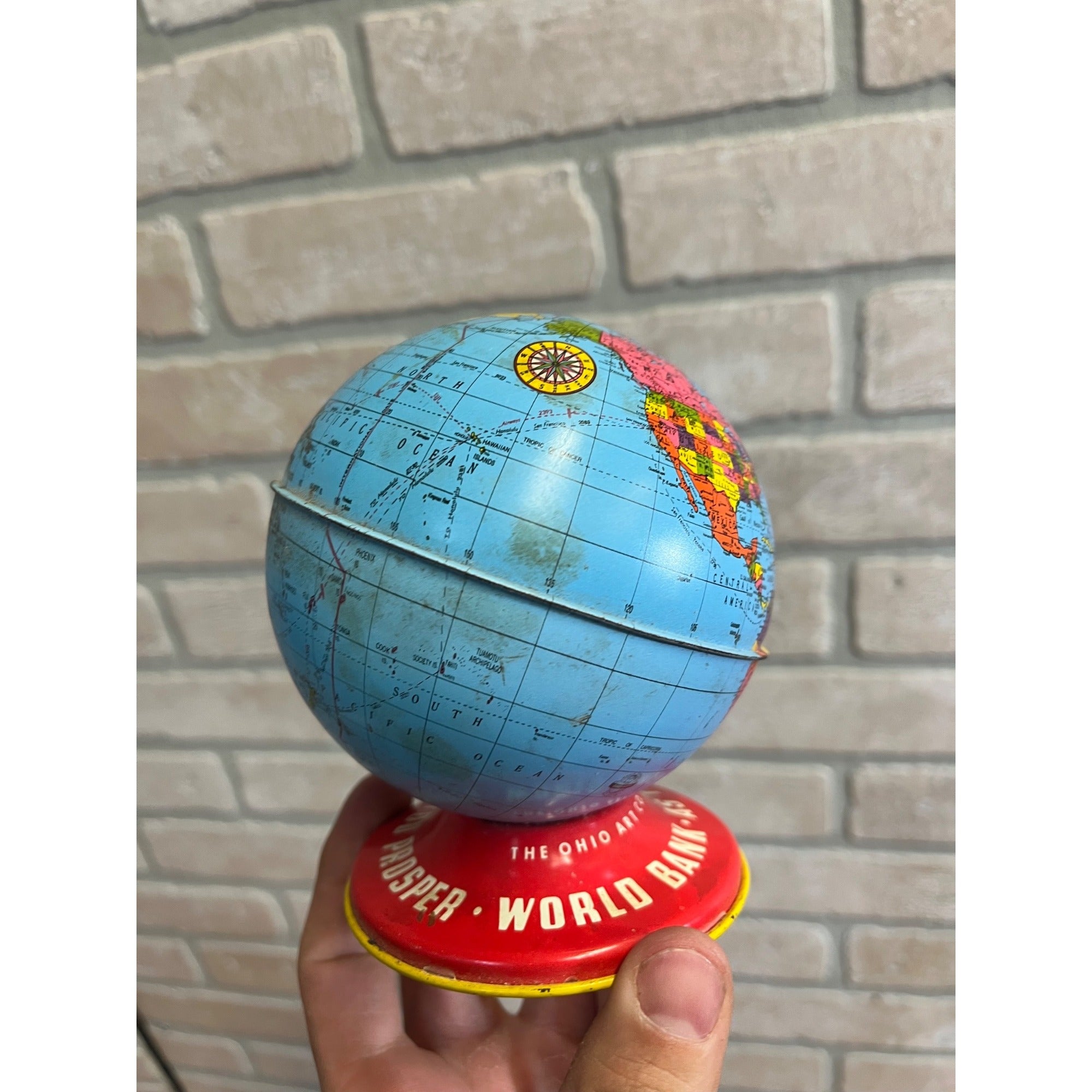 Vintage Ohio Art World Bank Globe Tin Litho Savings Bank Toy USA Made - As-Is