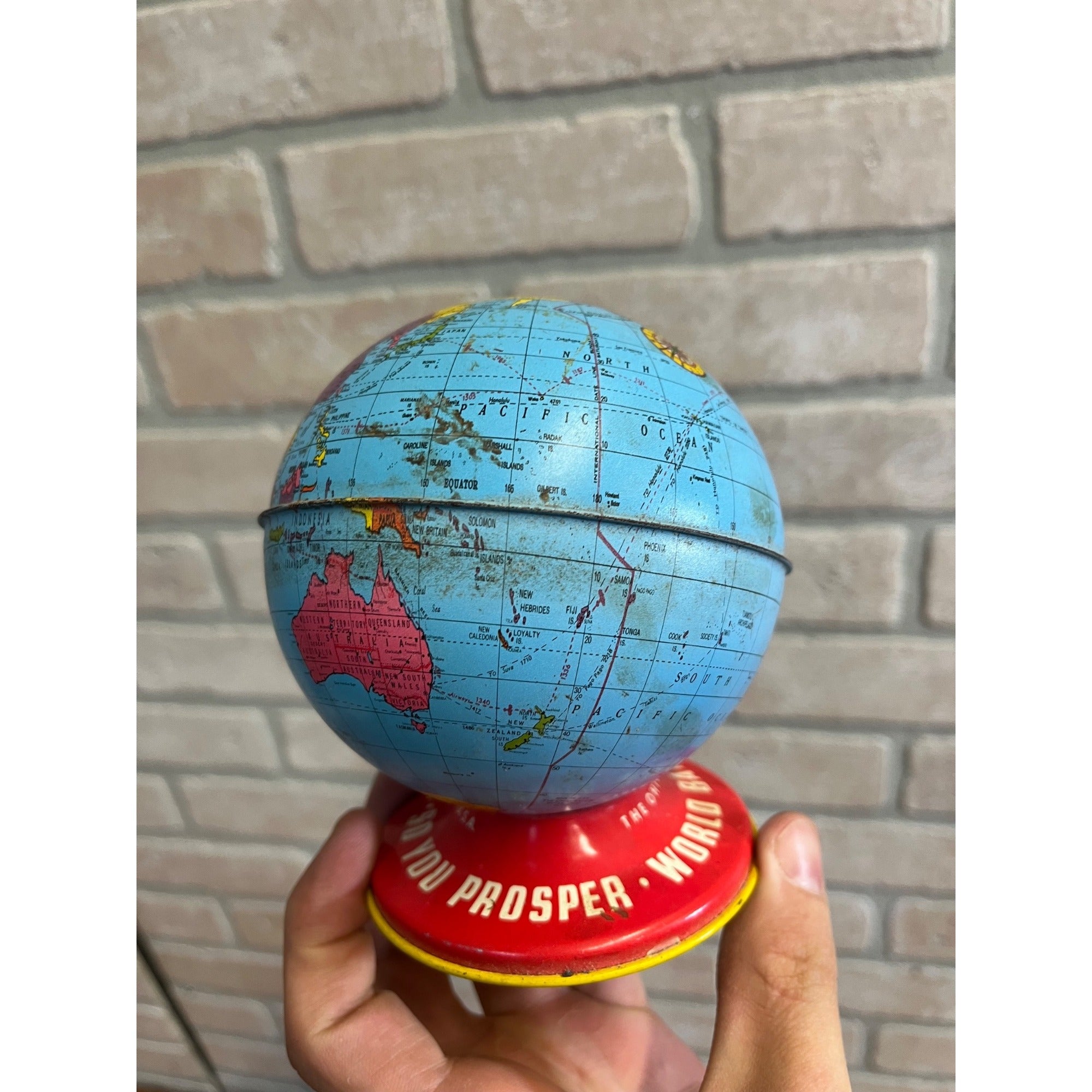 Vintage Ohio Art World Bank Globe Tin Litho Savings Bank Toy USA Made - As-Is