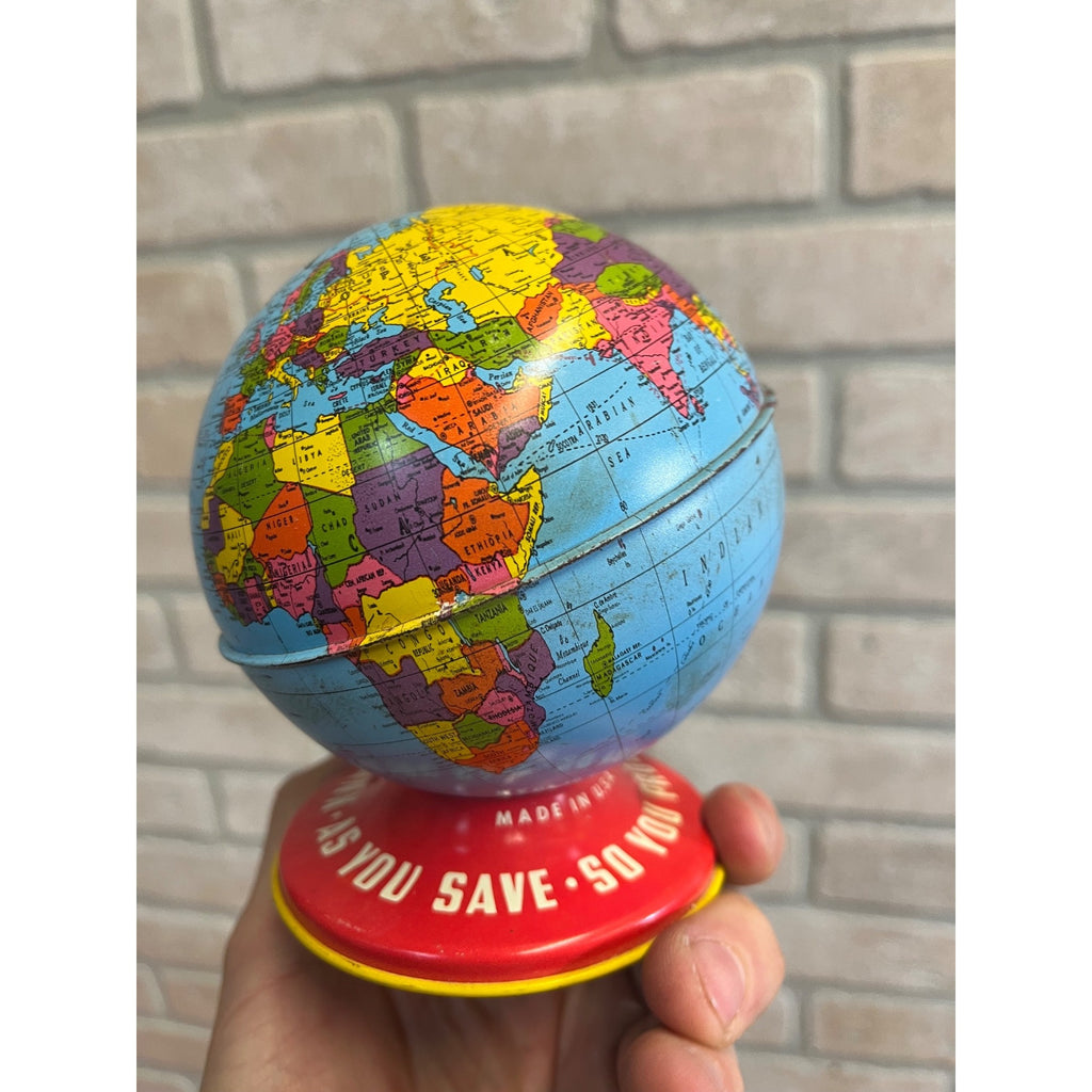 Vintage Ohio Art World Bank Globe Tin Litho Savings Bank Toy USA Made - As-Is