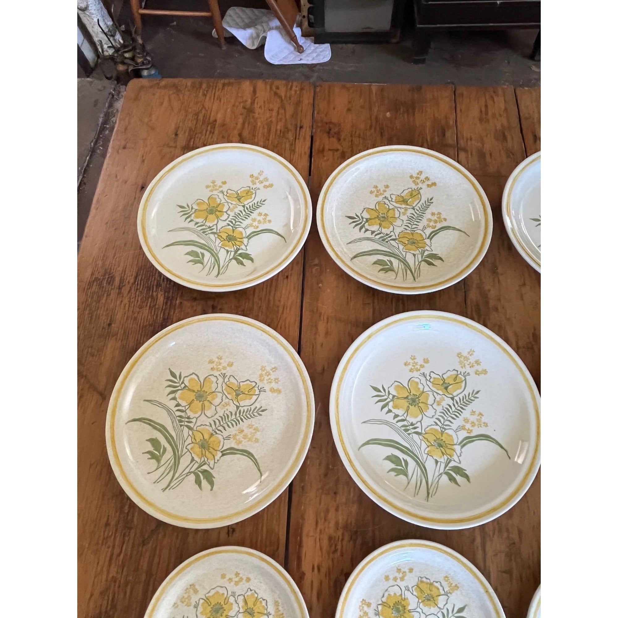 Vintage 1970s Roycroft Stoneware Co. Sunshine Prairie Flower Dinner & Salad Plates 17pcs