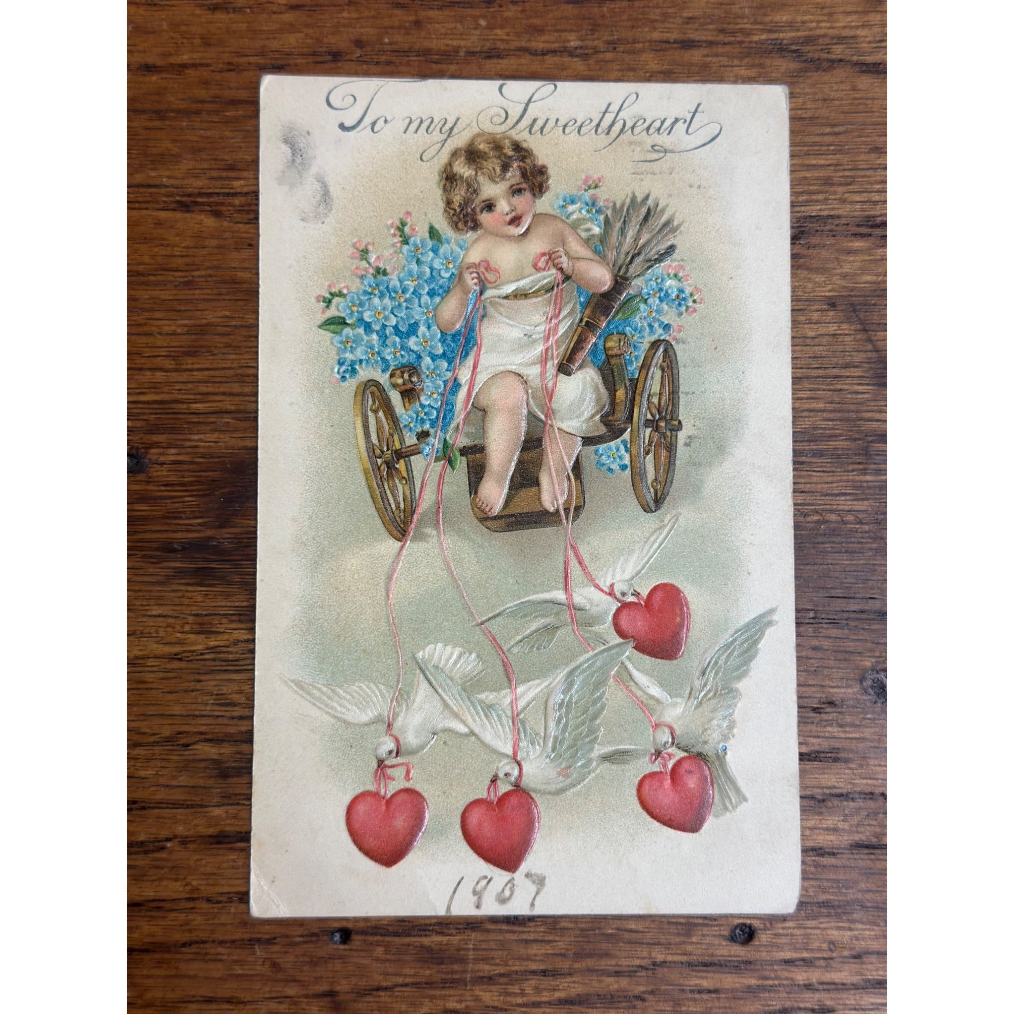 Valentine's Day Postcard Cupids on Cart 1907 Valentine German BW 287
