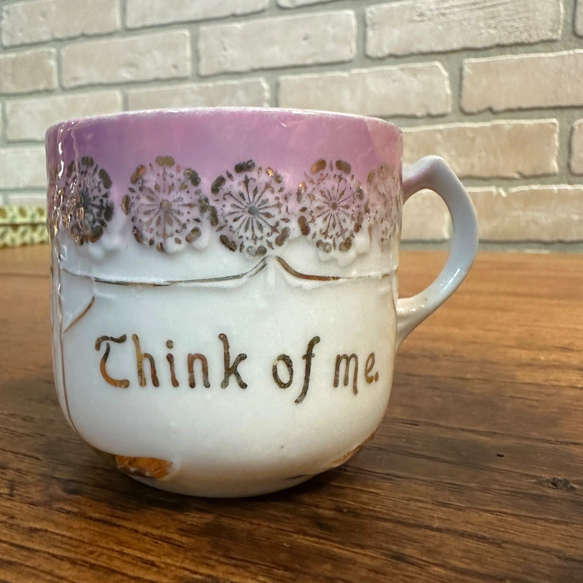 Antique Pink Floral Gold Gilt  German Childs Cup Think Of Me Floral Cup Tea