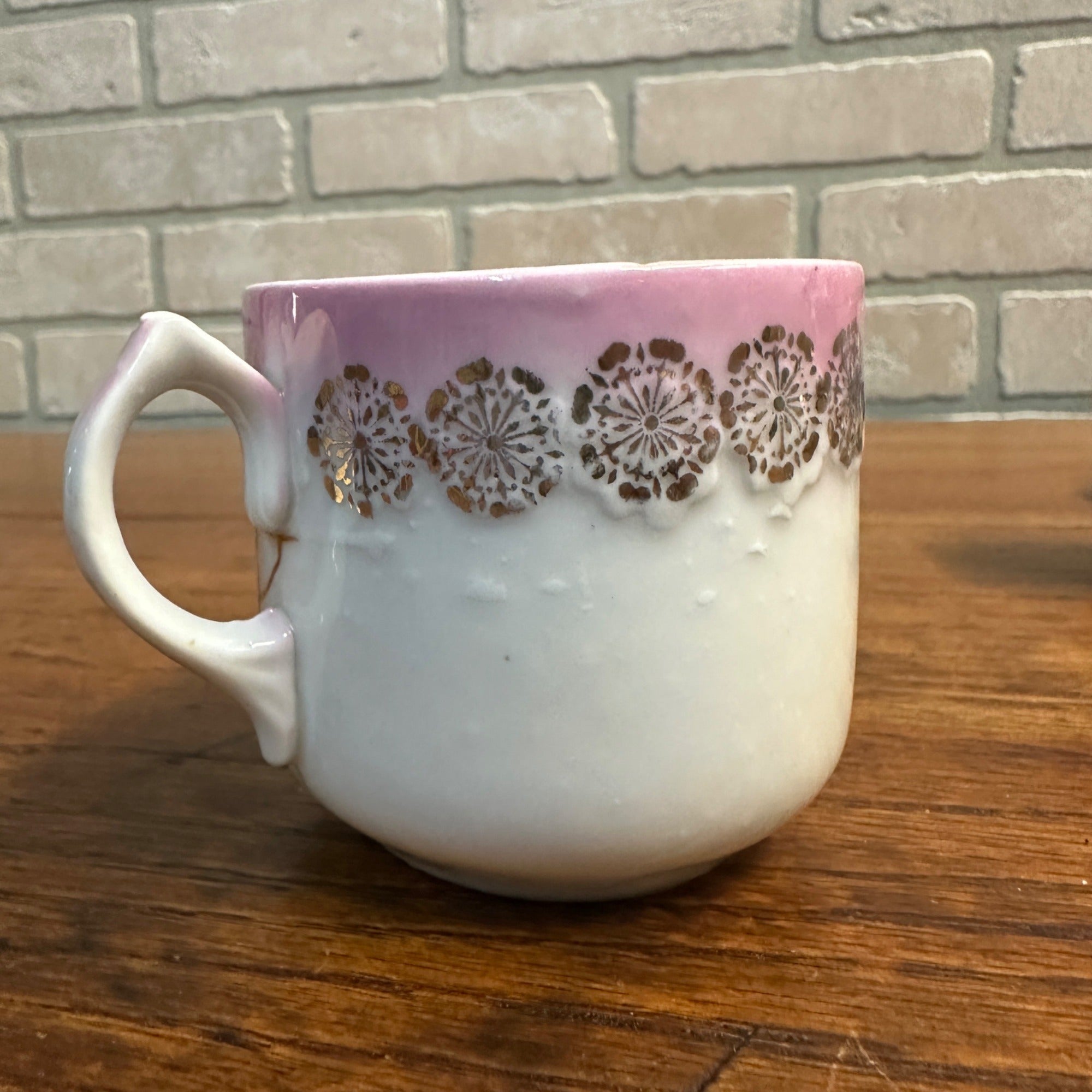 Antique Pink Floral Gold Gilt  German Childs Cup Think Of Me Floral Cup Tea