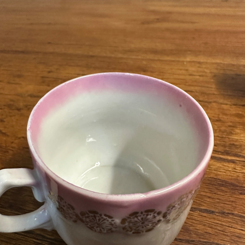Antique Pink Floral Gold Gilt  German Childs Cup Think Of Me Floral Cup Tea