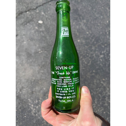 Vintage 7Up Seven-Up Glass Soda Bottle 7oz Swimmer Girl Tulsa OK Oklahoma
