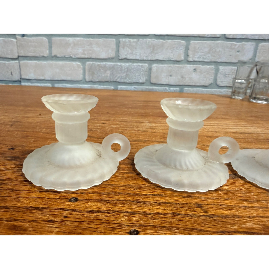 Vintage Set of 3 Miniature Frosted Glass Swirl Candle Stick Holder Chambersticks Lenox Taiwan