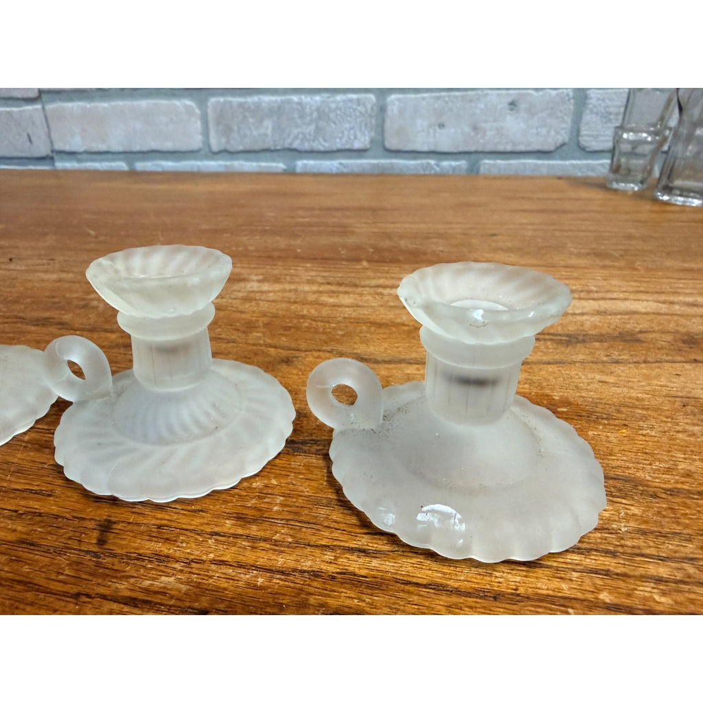 Vintage Set of 3 Miniature Frosted Glass Swirl Candle Stick Holder Chambersticks Lenox Taiwan