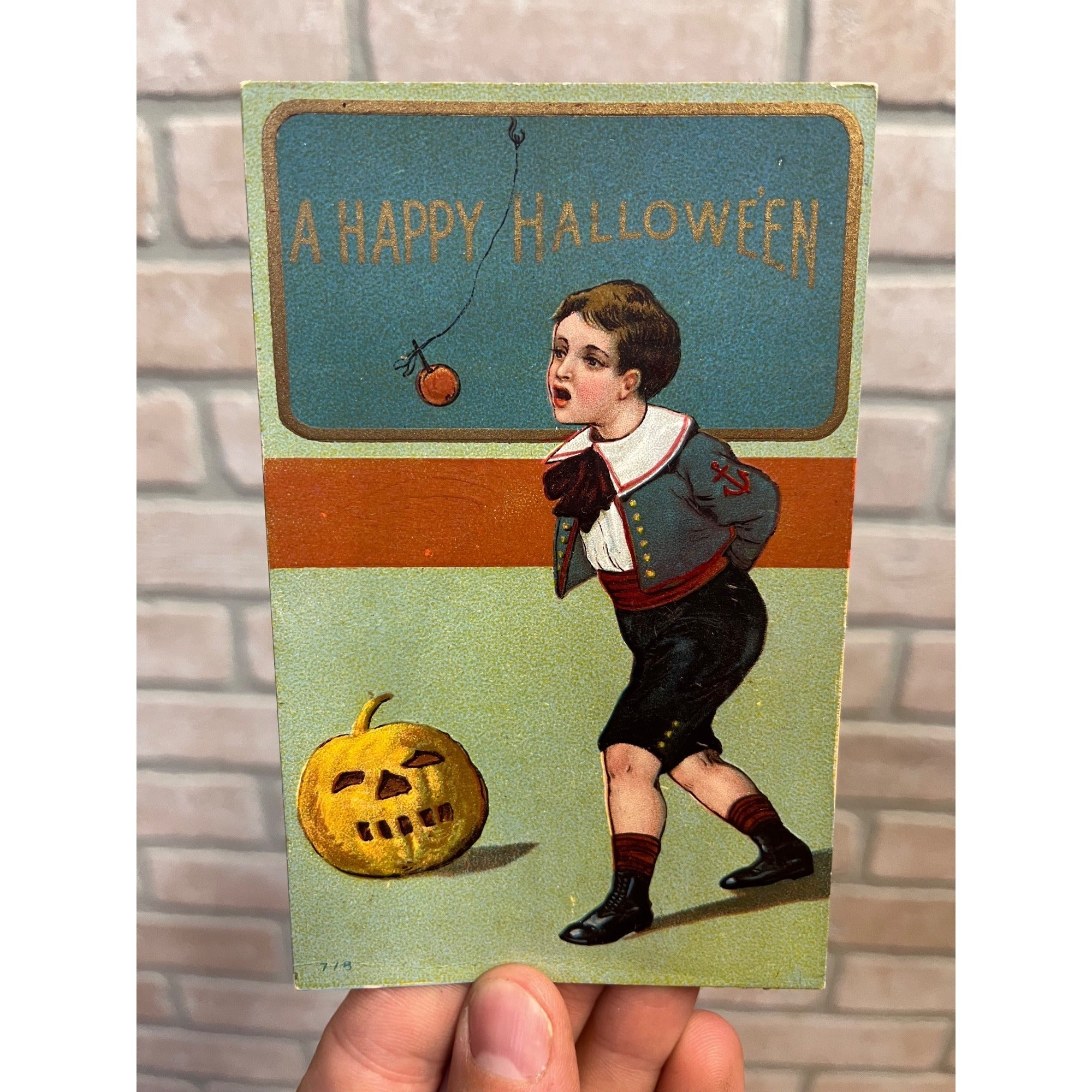Halloween Vintage Antique Postcard Boy Child Sailor JOL Apple on String 77 ISL Co