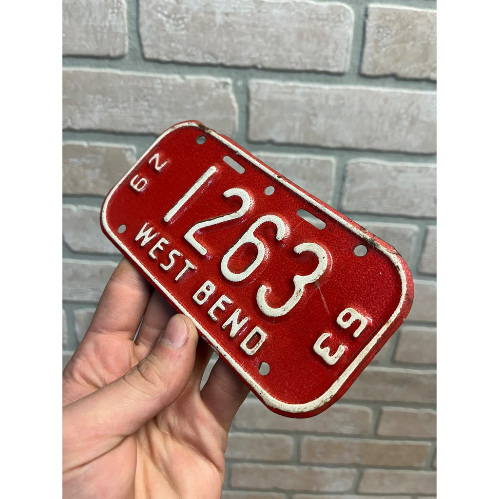 Vintage Wisconsin Bicycle Bike License Plate Embossed West Bend 1962-1963