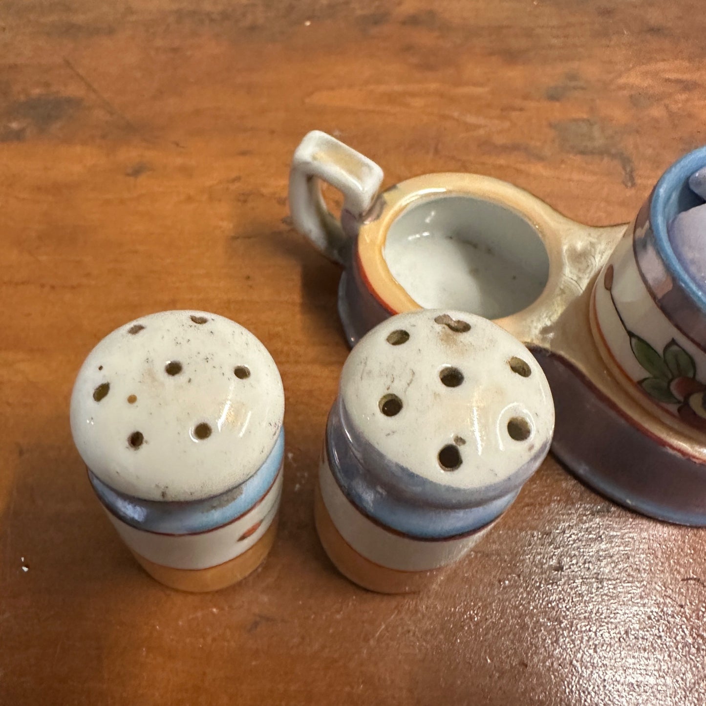 Vintage 1930s Takito Japan Lusterware Salt & Pepper & Mustard Set Floral