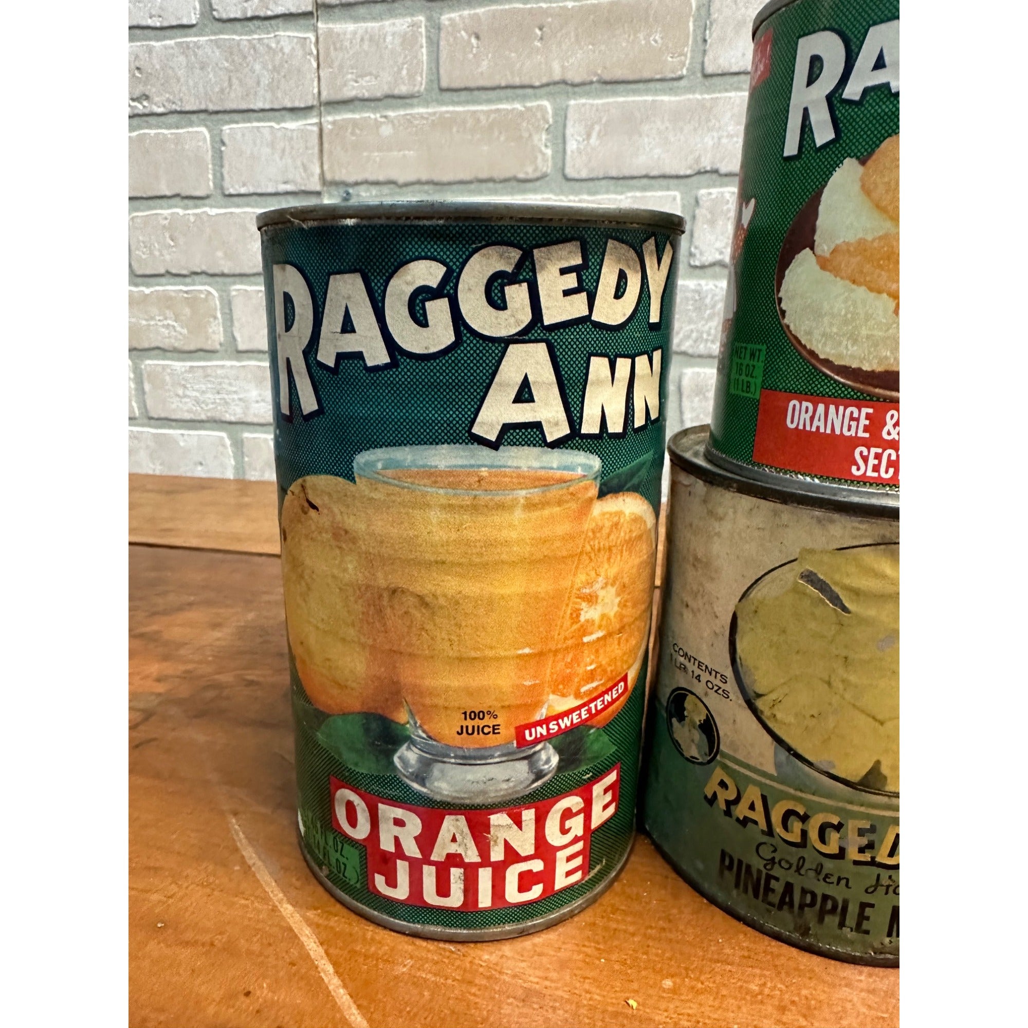 Vintage 1930s Raggedy Ann Tin Paper Label Cans Orange Juice, Pineapple, Grapefruit