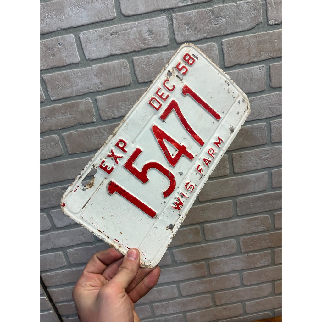 Vintage Wisconsin Farm License Plate White and Red December 1958
