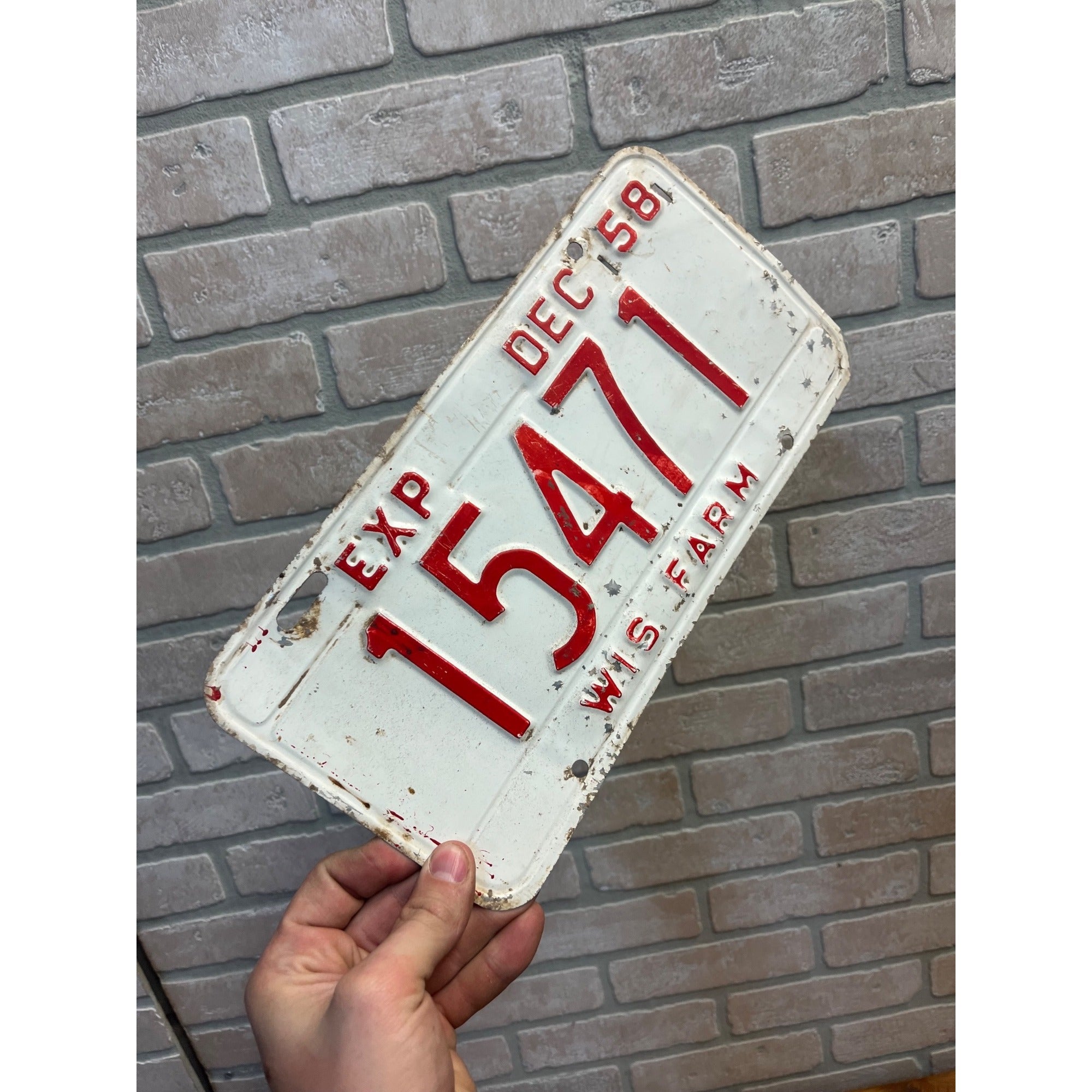 Vintage Wisconsin Farm License Plate White and Red December 1958