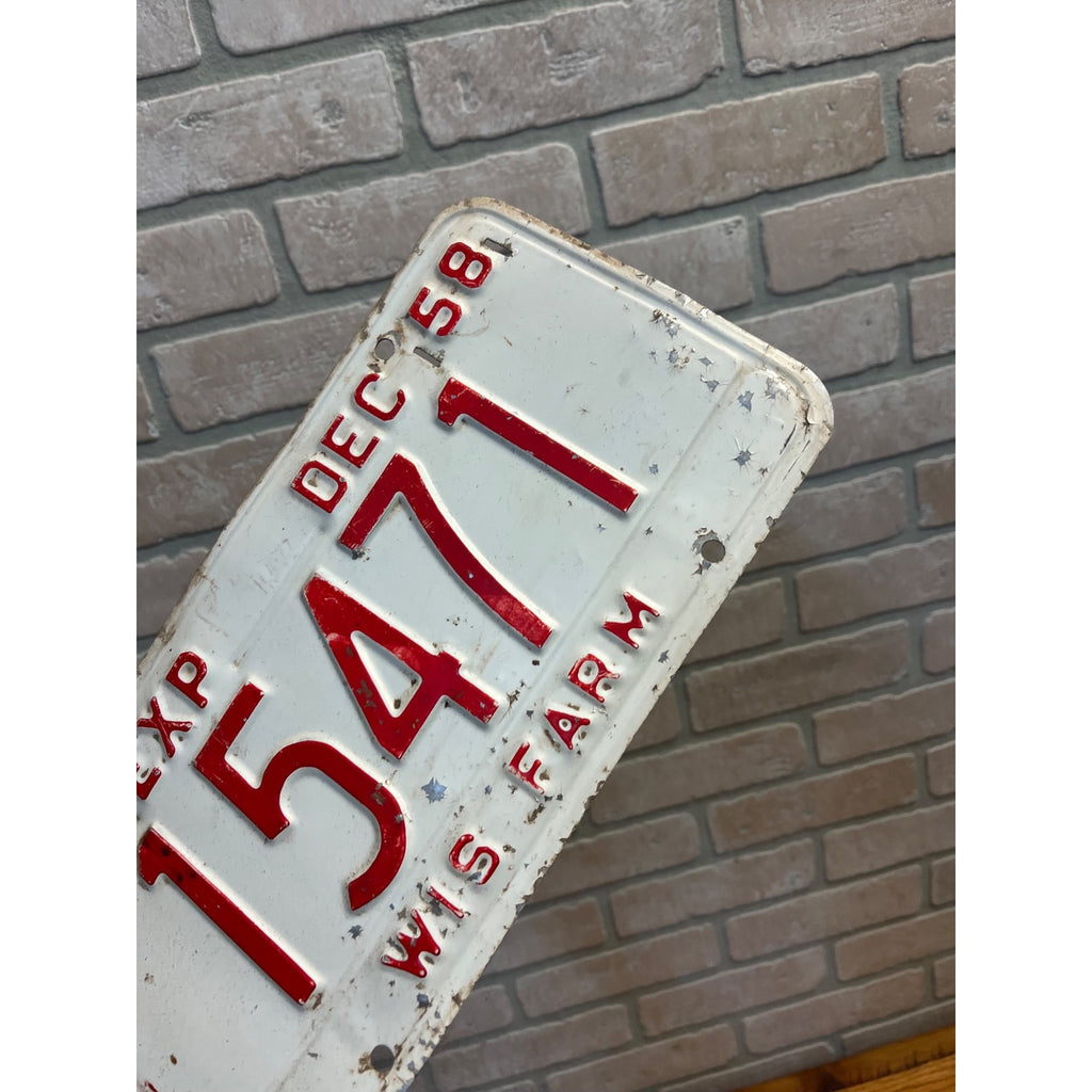 Vintage Wisconsin Farm License Plate White and Red December 1958