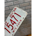 Vintage Wisconsin Farm License Plate White and Red December 1958