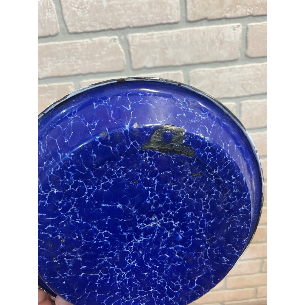 Antique Primitive Cobalt and White Swirl Enamel Graniteware Round Pie Pan/ Baking Dish/ Farmhouse Decor