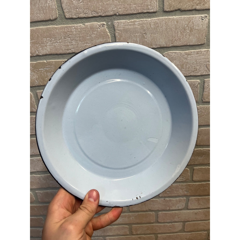 Antique Primitive Cobalt and White Swirl Enamel Graniteware Round Pie Pan/ Baking Dish/ Farmhouse Decor