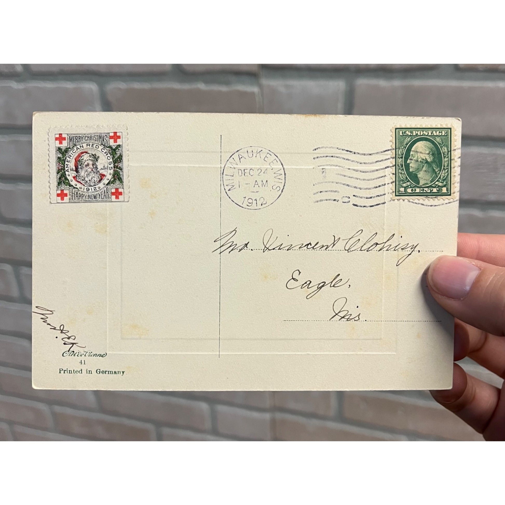 Vintage 1912 Christmas Postcard w/ Christmas Seal Tied US American Red Cross