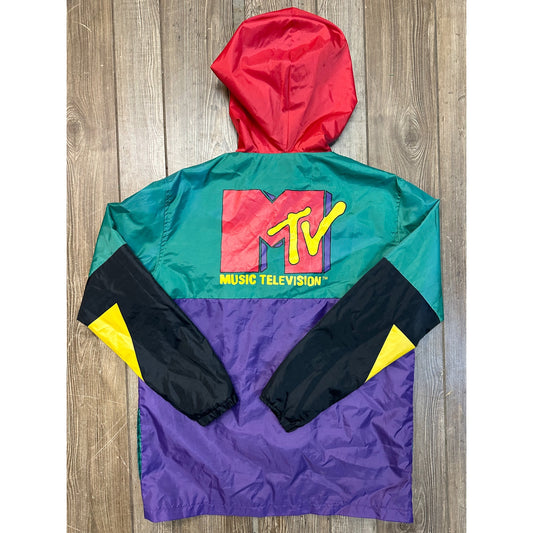 MTV Windbreaker Logo Jacket Zip Retro 90s Music Television Color Block Hoodie M