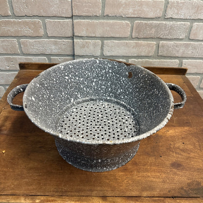 Antique Primitive Brown White Granitware Enamelware Colander Strainer Farmhouse