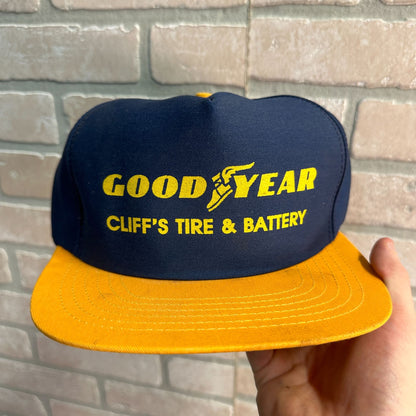 VINTAGE OSHKOSH WIS CLIFFS TIRE GOODYEAR RETRO SNAPBACK HAT USA MADE SERVICE STATION