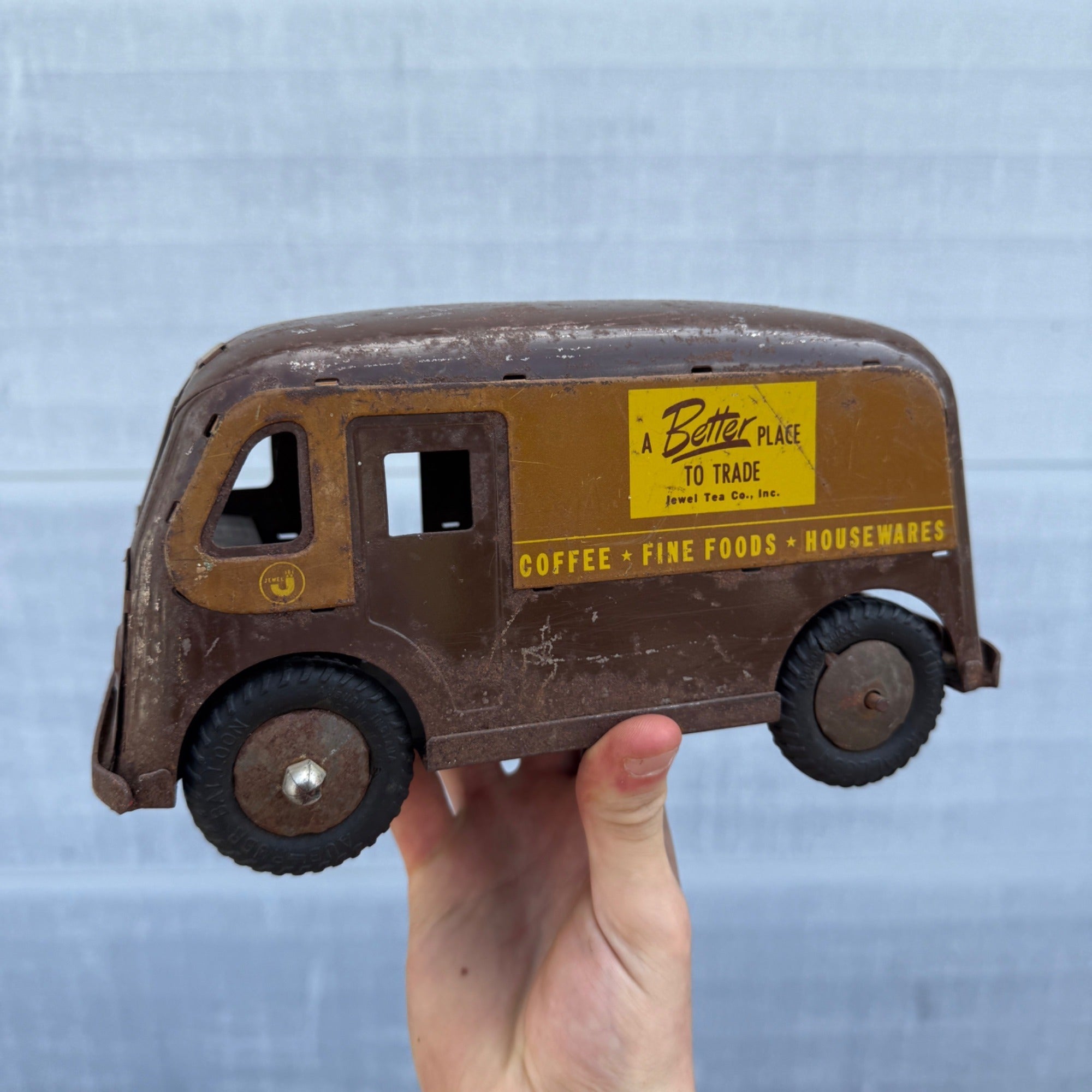 Vintage Banner Jewel Tea Co. Inc. Pressed Steel Delivery Van Toy Truck - No Door
